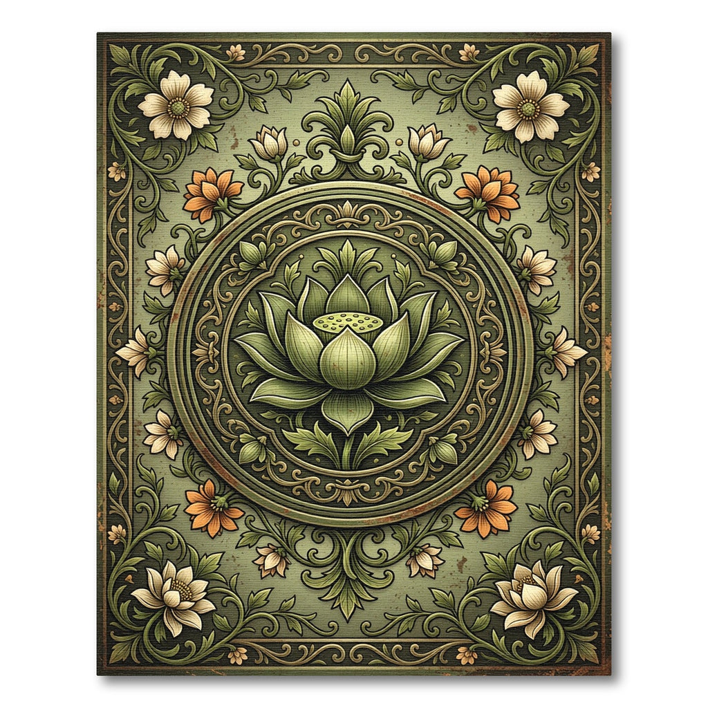 Sage Green Ornate Lotus Medallion Rug