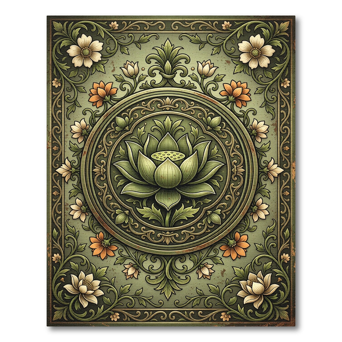 Sage Green Ornate Lotus Medallion Rug