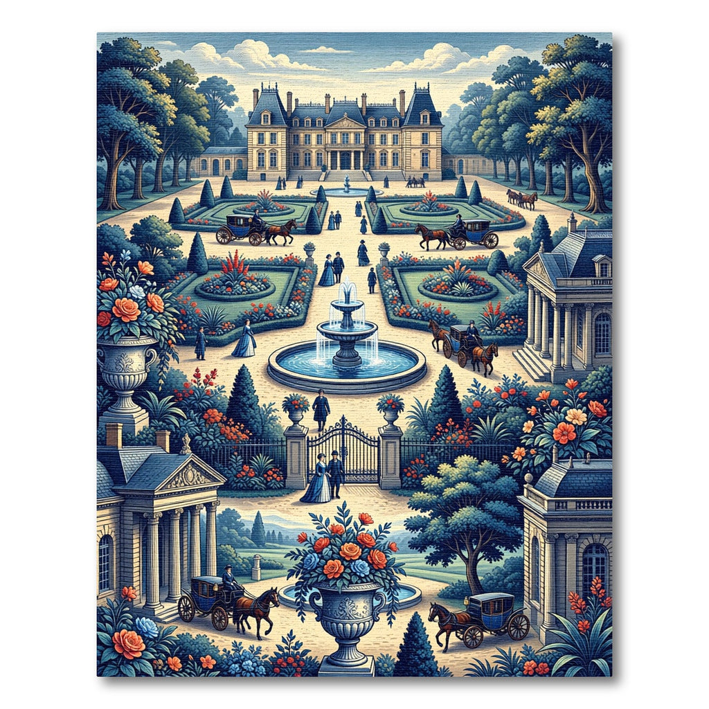 French Chateau Garden Carriage Scene Rug
