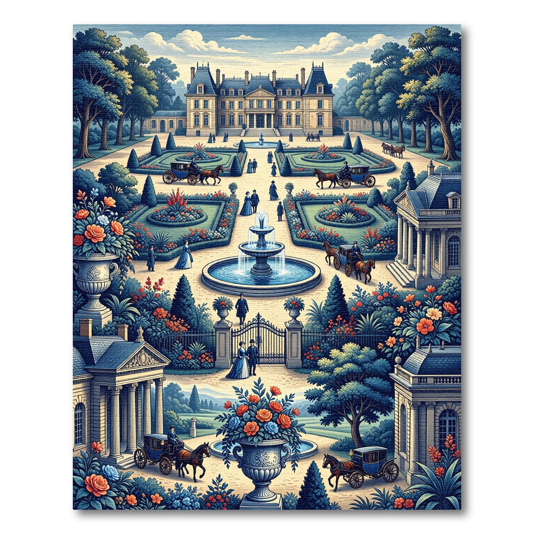 French Chateau Garden Carriage Scene Rug