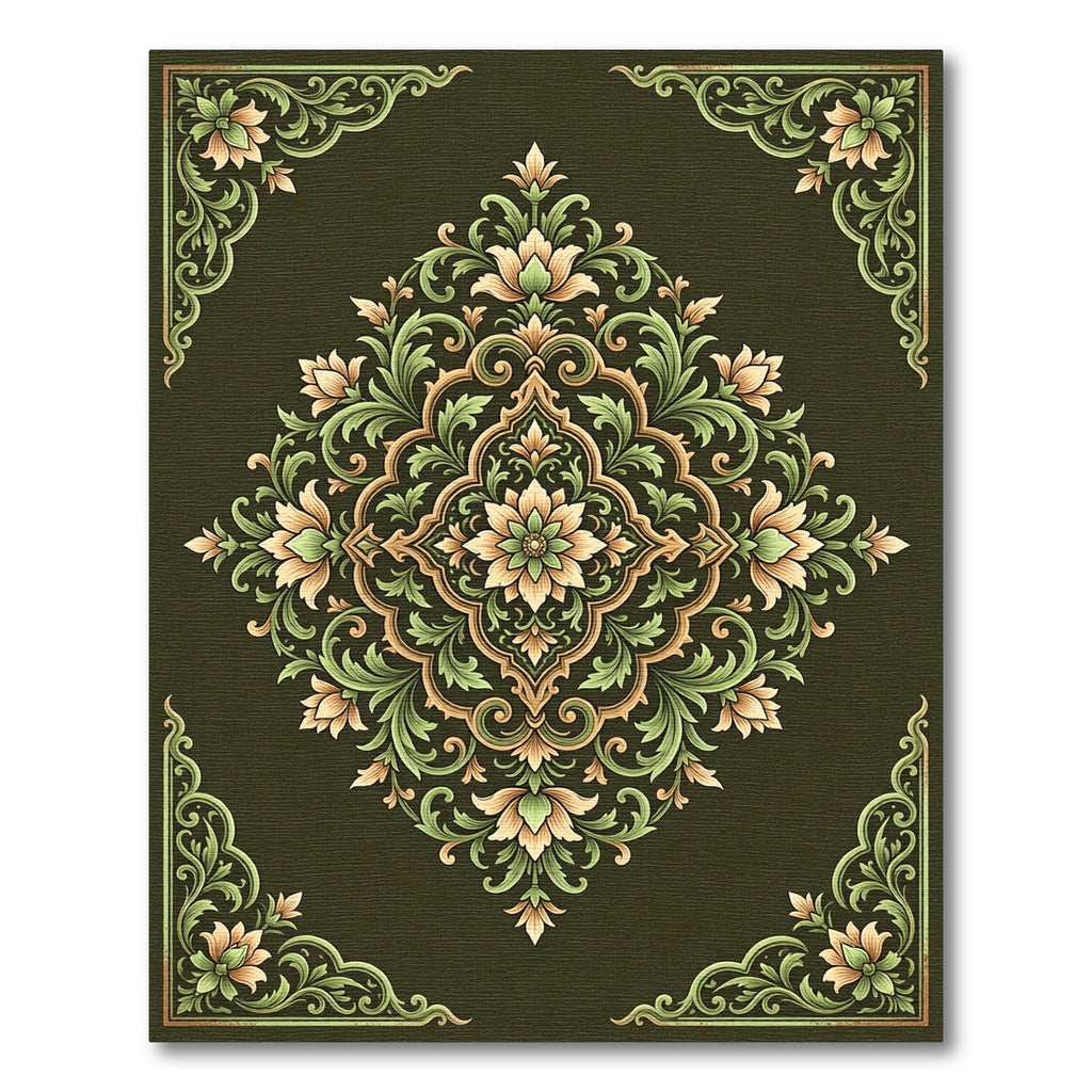 Ornate Green Floral Medallion Rug
