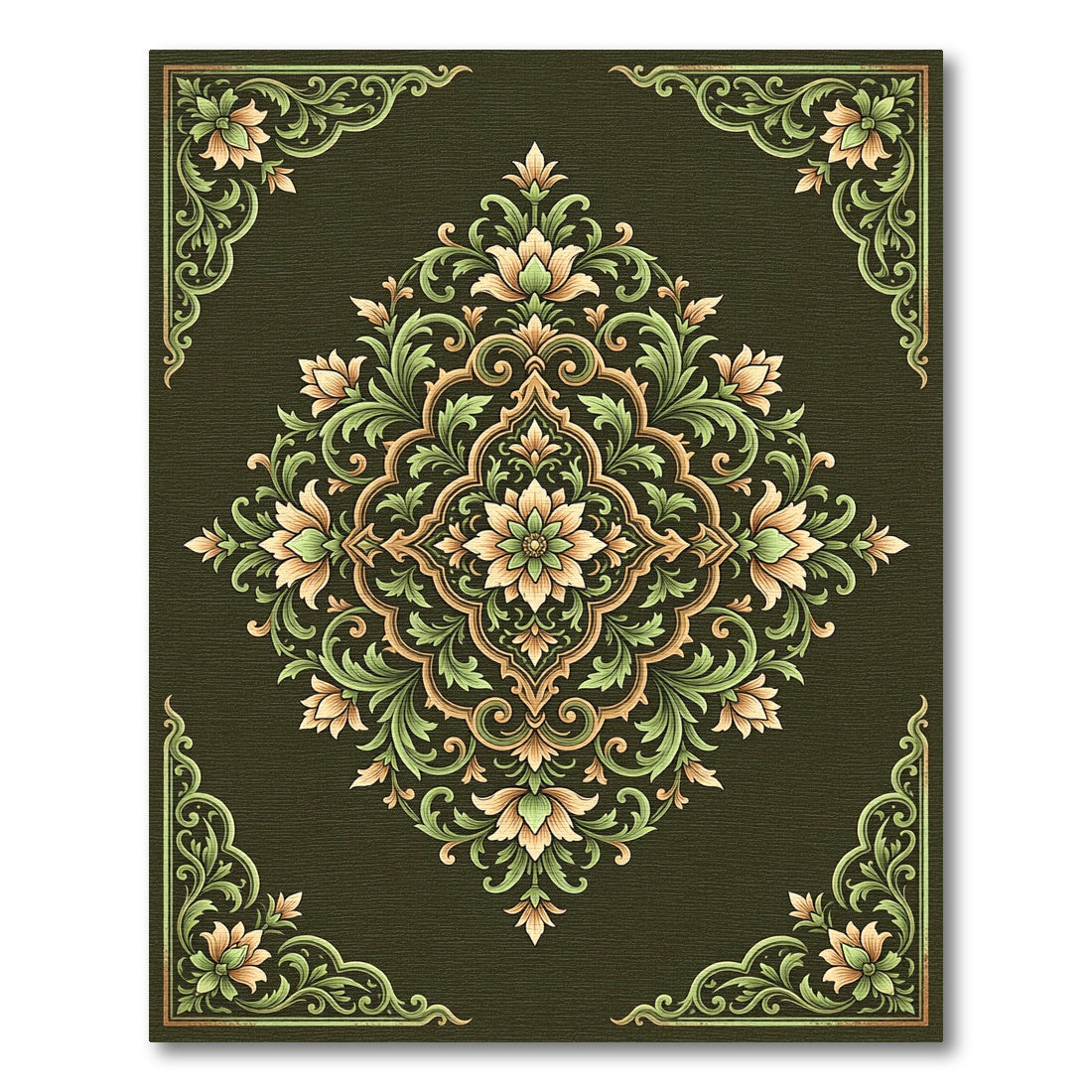 Ornate Green Floral Medallion Rug
