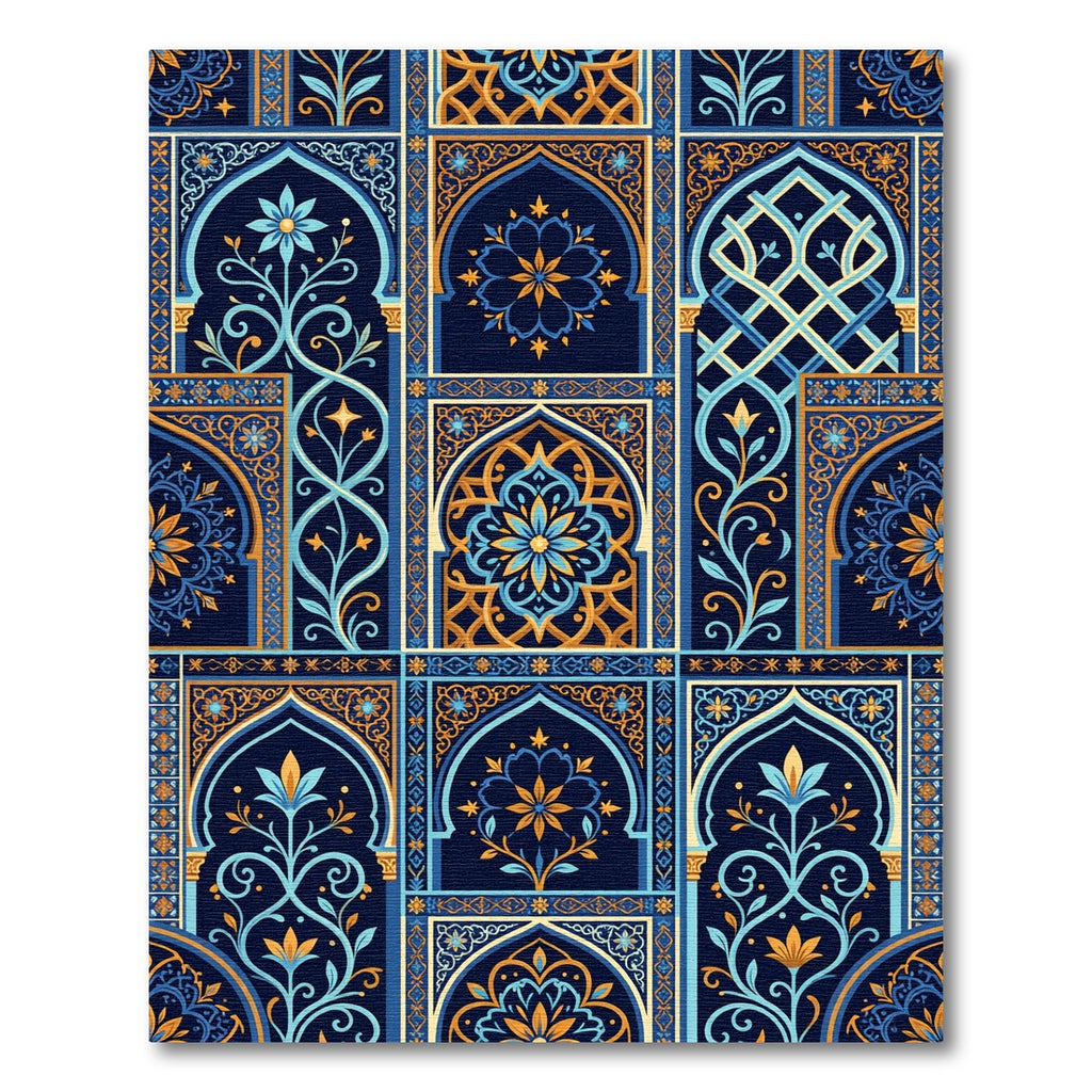 Ornate Indigo Floral Arch Mosaic Rug