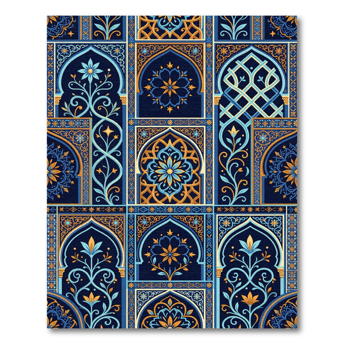 Ornate Indigo Floral Arch Mosaic Rug
