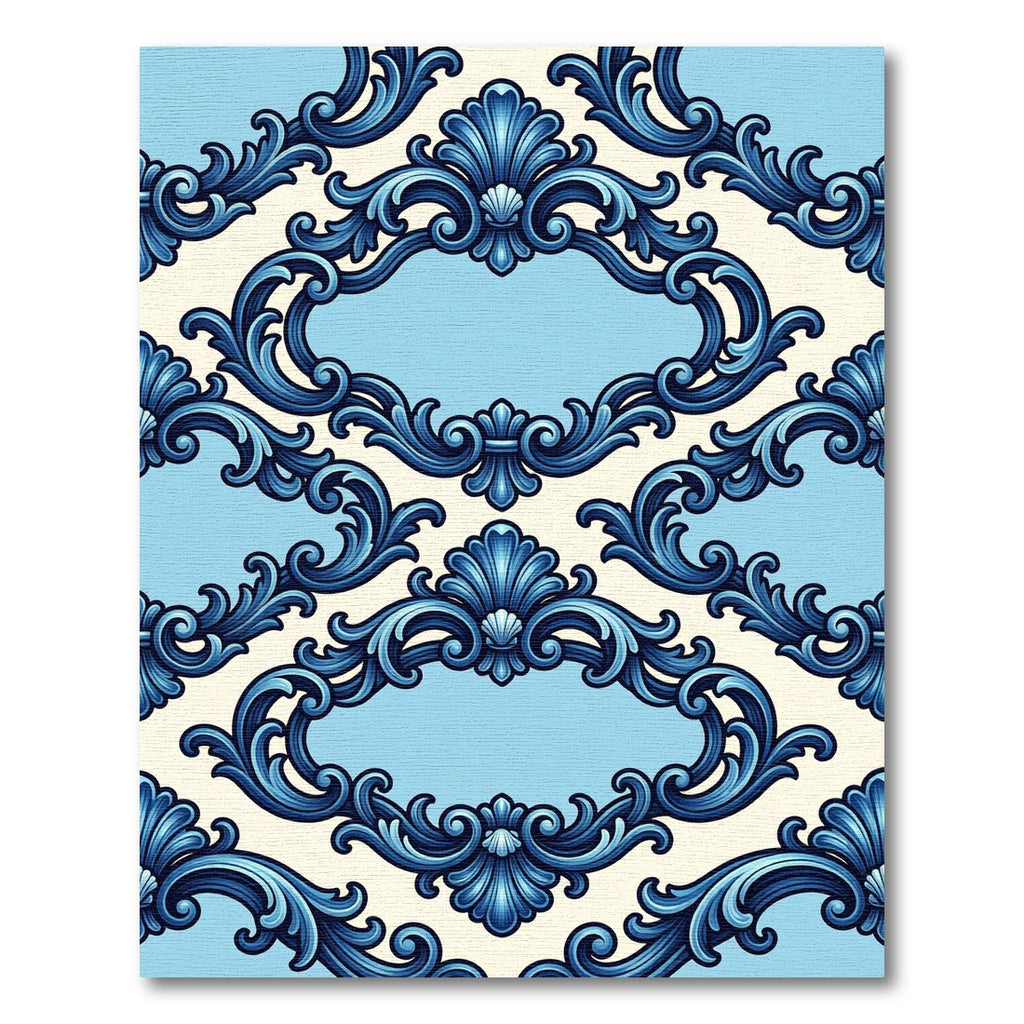 Ornate Blue Scallop Scroll Frame Rug