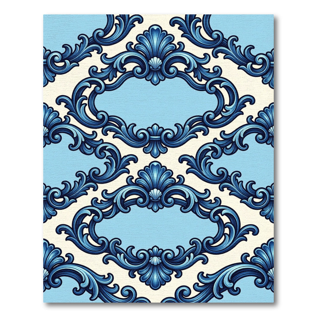 Ornate Blue Scallop Scroll Frame Rug