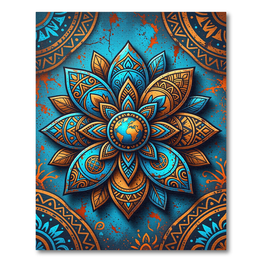 Vibrant Golden Azure Mandala Earth Globe Rug