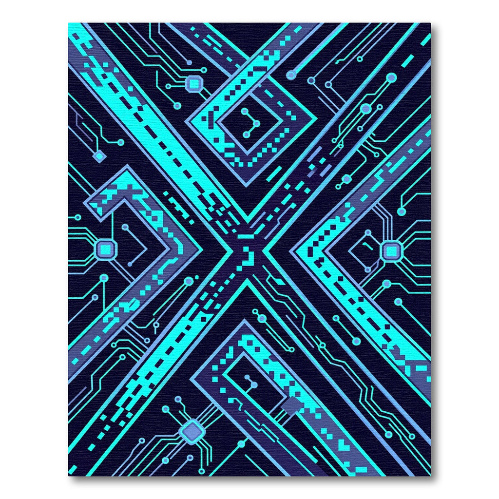 Electric Blue Neon Circuit X Geometry Rug