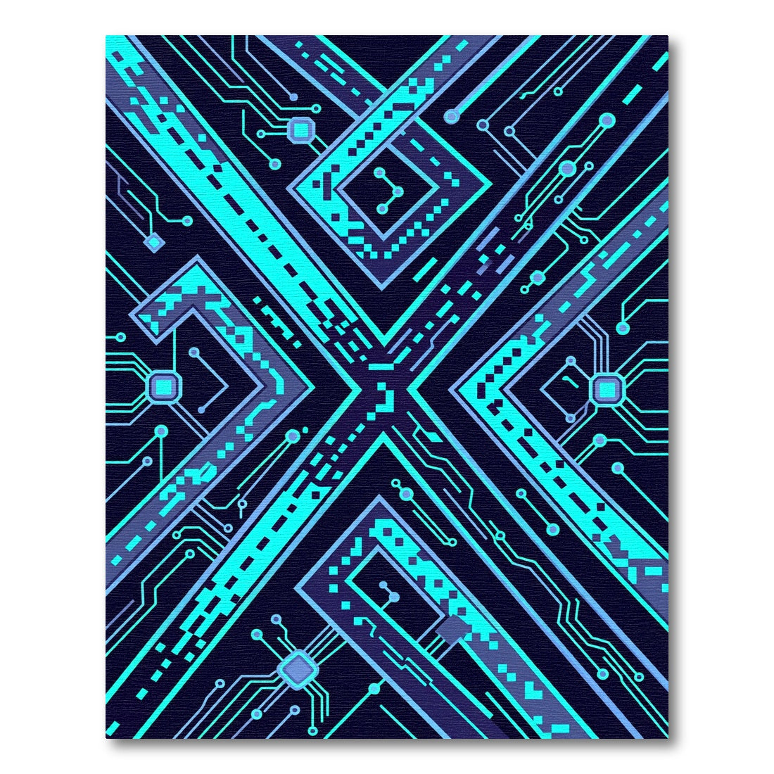 Electric Blue Neon Circuit X Geometry Rug