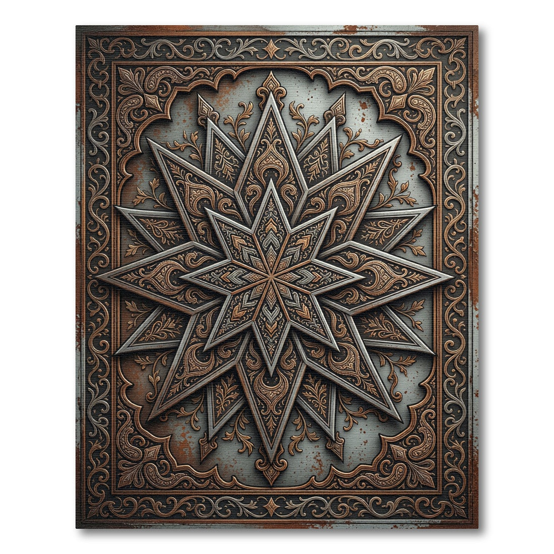 Ornate Metallic Bronze Geometric Star Rug