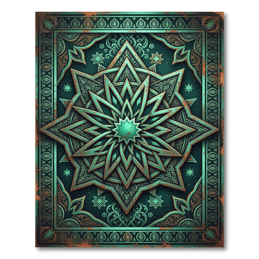 Ornate Teal Celestial Star Medallion Rug