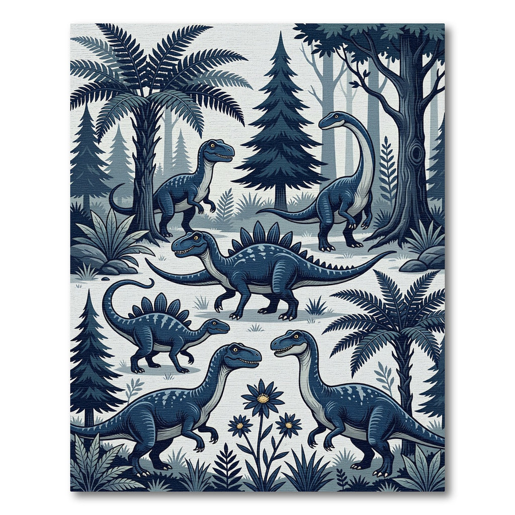 Blue Prehistoric Forest Dinosaur Scene Rug