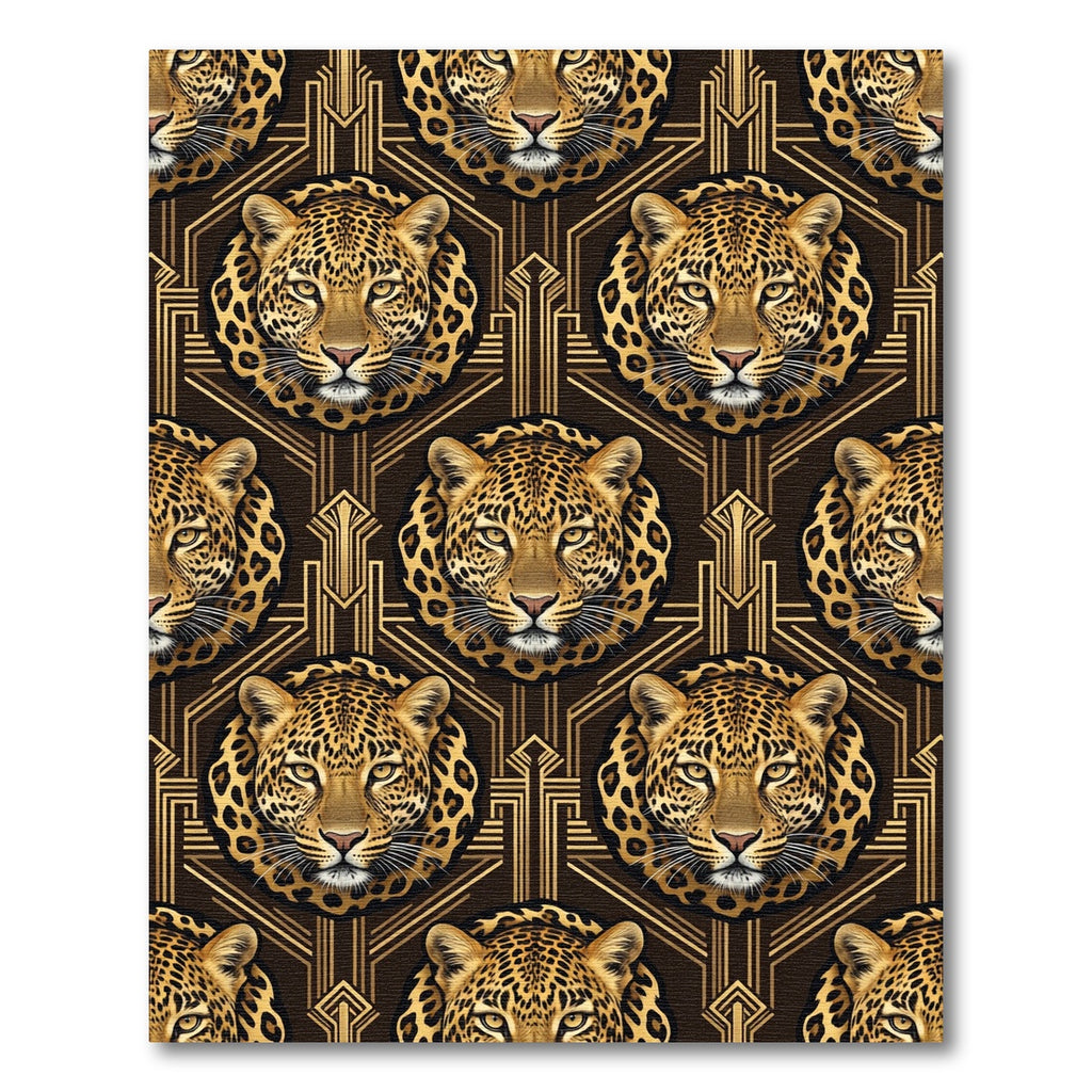 Art Deco Leopard Head Geometric Gold Rug