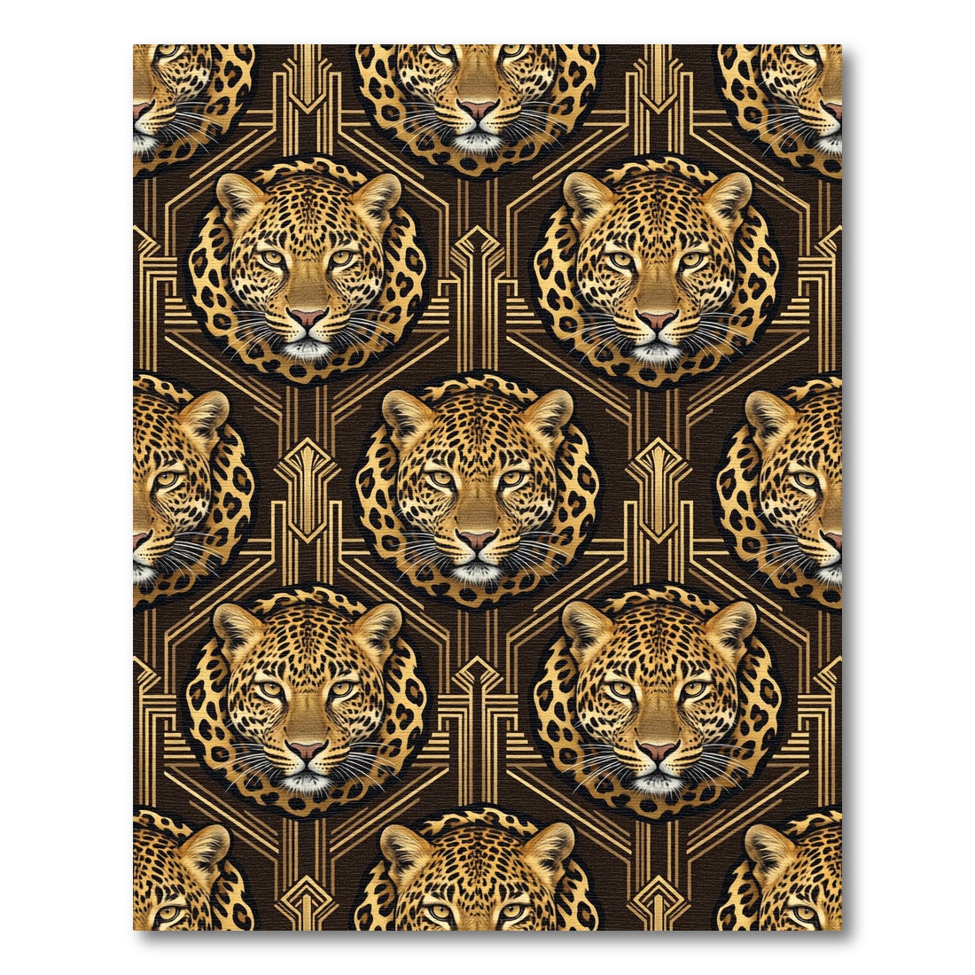 Art Deco Leopard Head Geometric Gold Rug