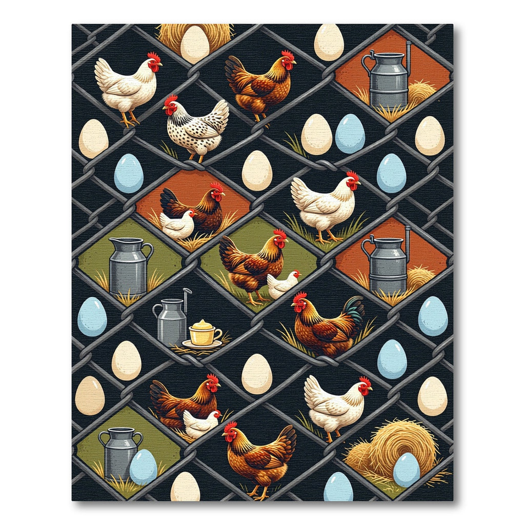 Farmhouse Rusty Chicken and Egg Grid Rug