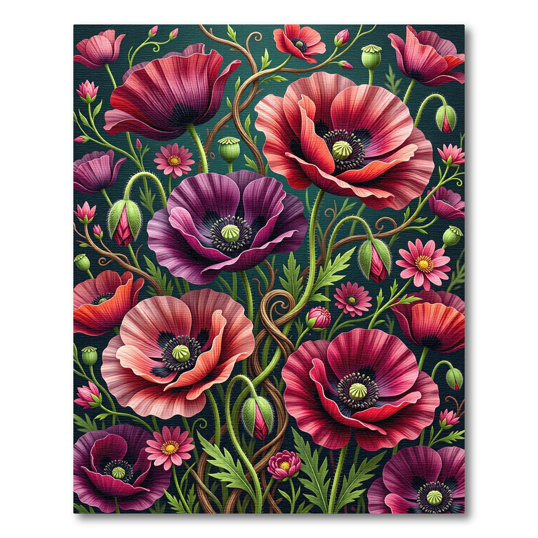 Vibrant Painted Poppy Floral Garden Rug