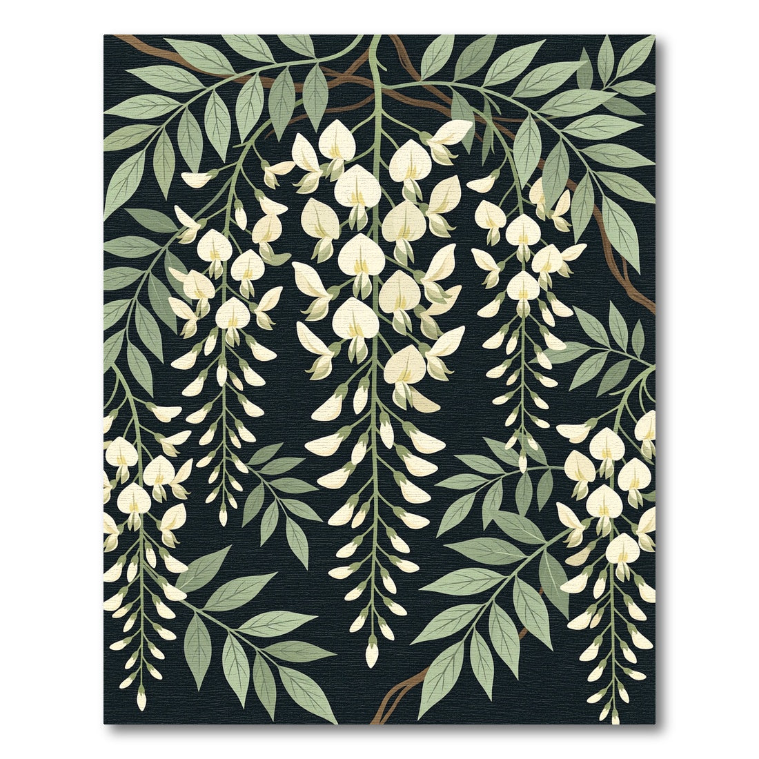 Elegant White Wisteria Botanical Black Rug