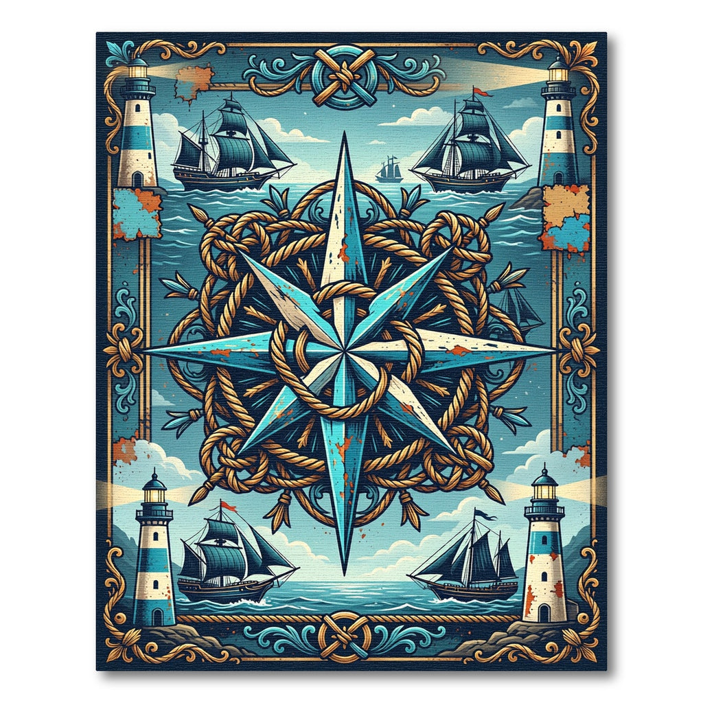 Nautical Blue Compass and Lighthouse Art Rug