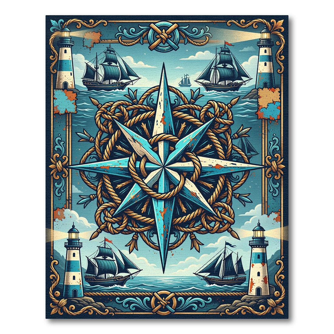 Nautical Blue Compass and Lighthouse Art Rug
