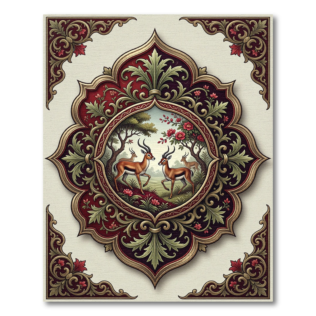 Ornate Crimson Gazelle Medallion Border Rug