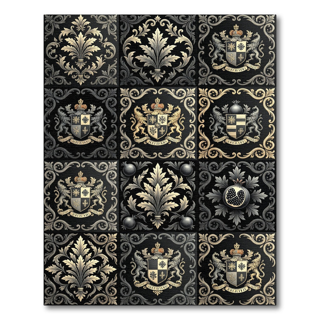 Damask Black Gold Floral Crests Rug
