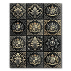 Damask Black Gold Floral Crests Rug