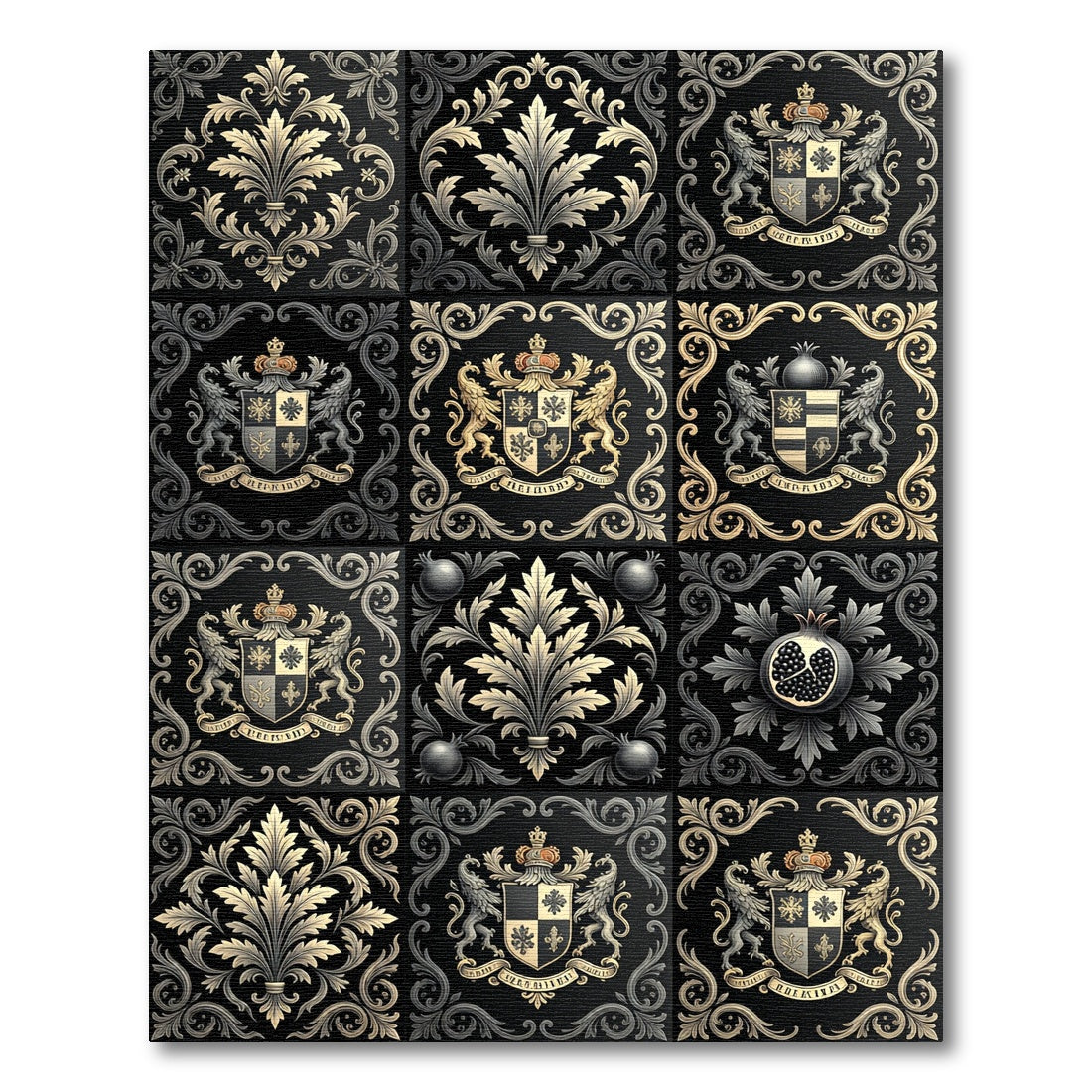 Damask Black Gold Floral Crests Rug