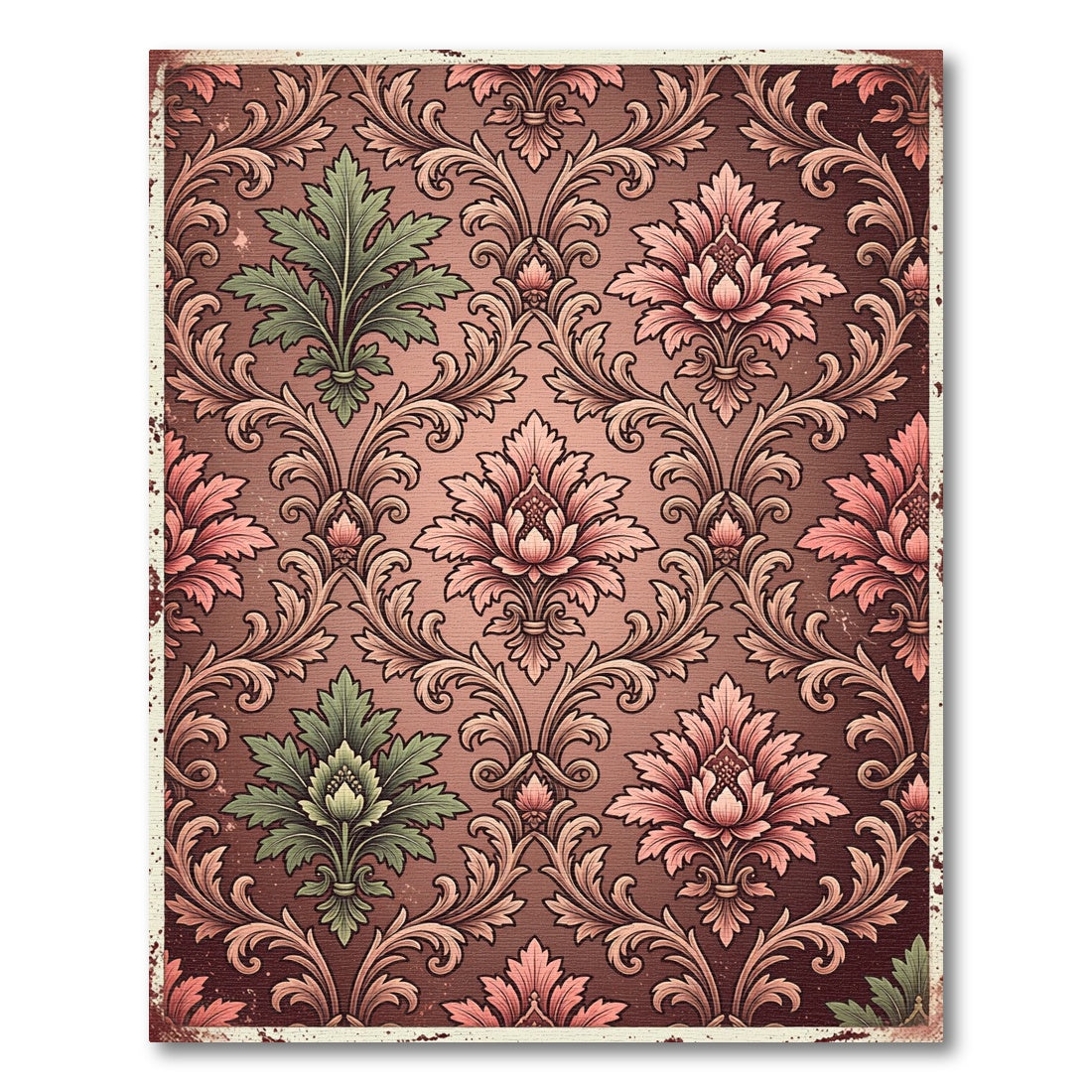 Vintage Dusty Rose and Sage Damask Rug