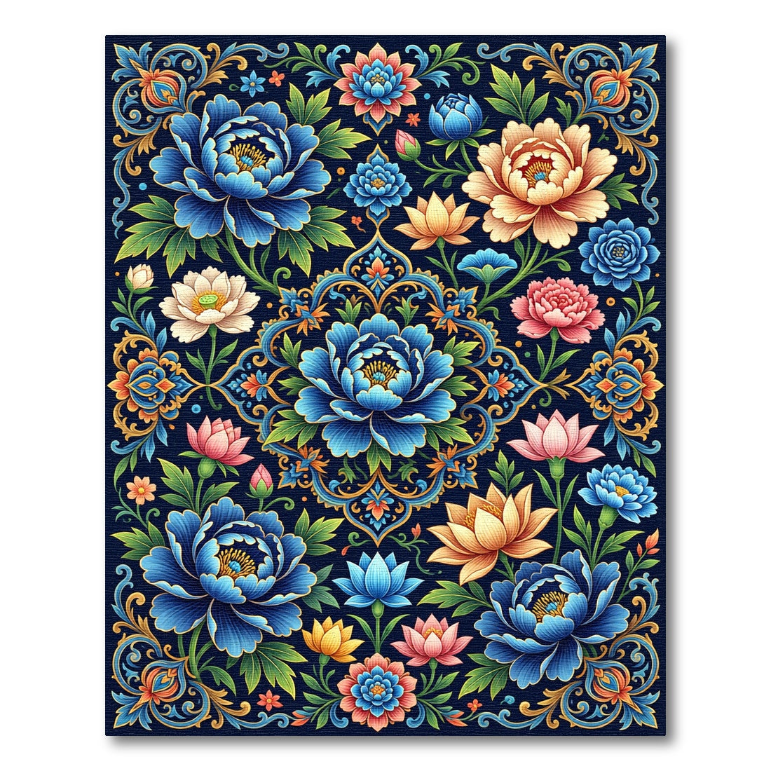 Vivid Blue Teal Floral Medallion Harmony Rug