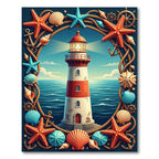 Coastal Lighthouse Starfish Seashell Rope Border Rug