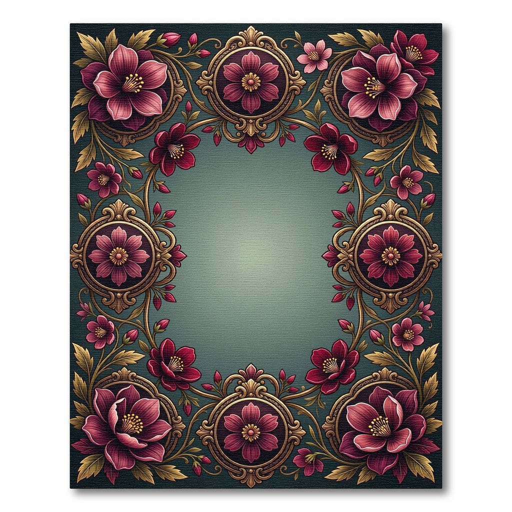 Elegant Burgundy Floral Ornate Frame Rug