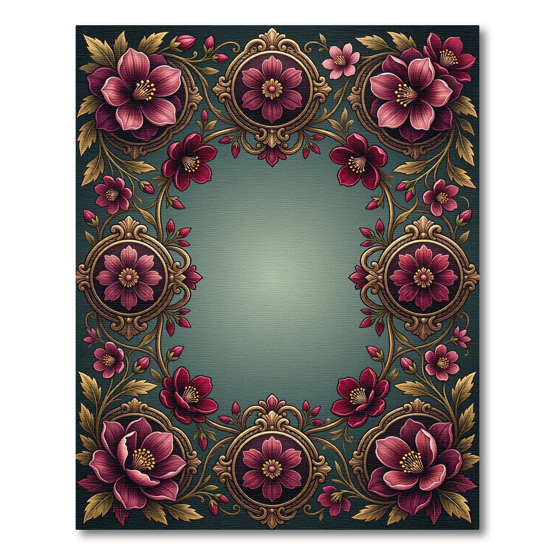 Elegant Burgundy Floral Ornate Frame Rug