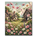 Charming Pink Floral Meadow Cottage Scene Rug