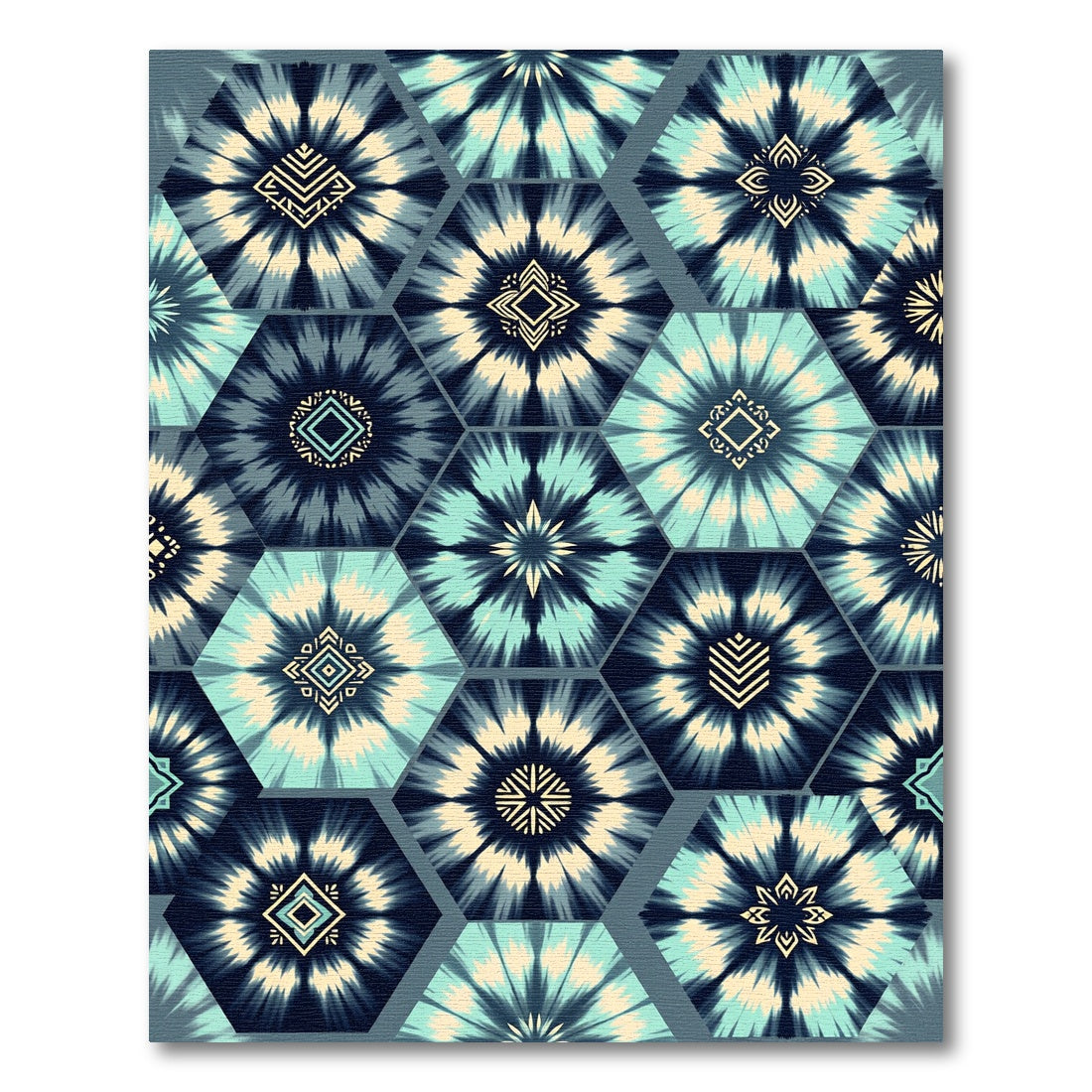 Teal Hexagonal Shibori Indigo Geometric Rug