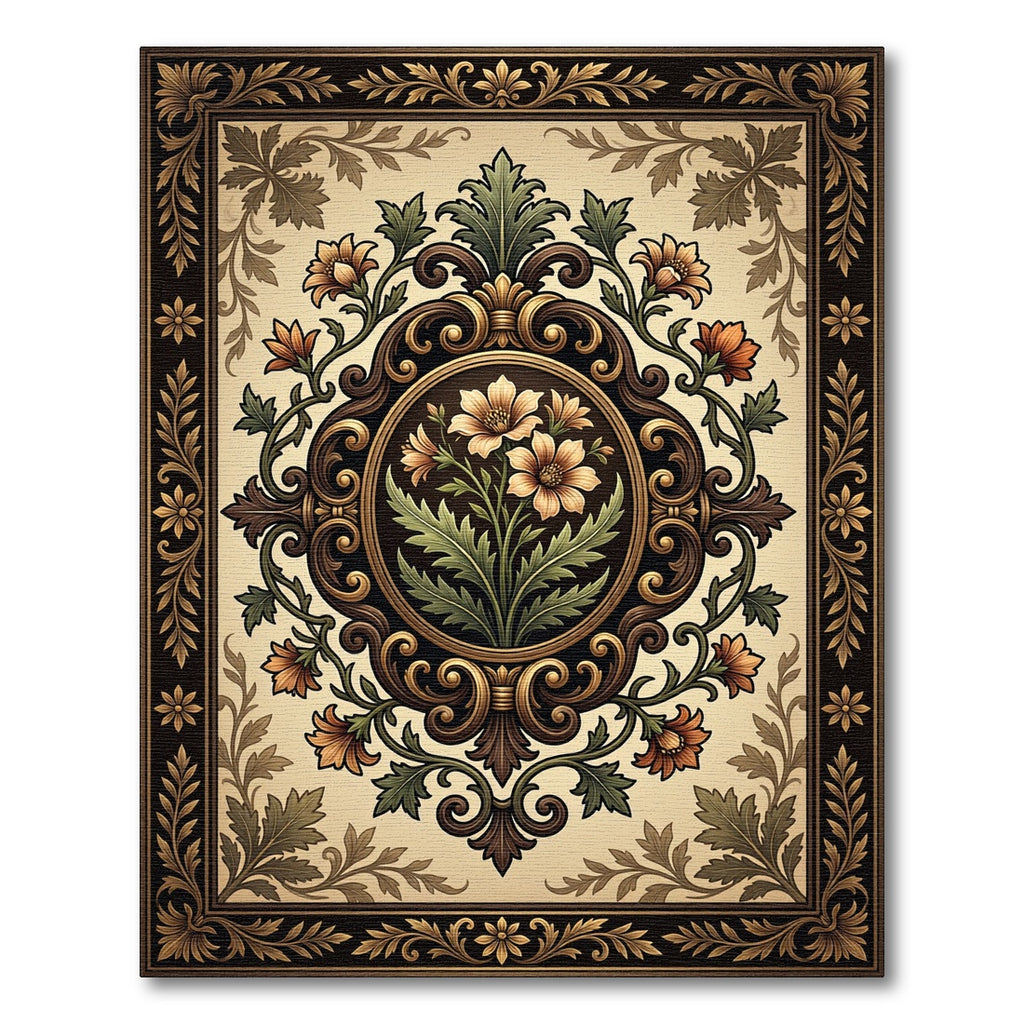 Elegant Gold Floral Medallion Scroll Rug