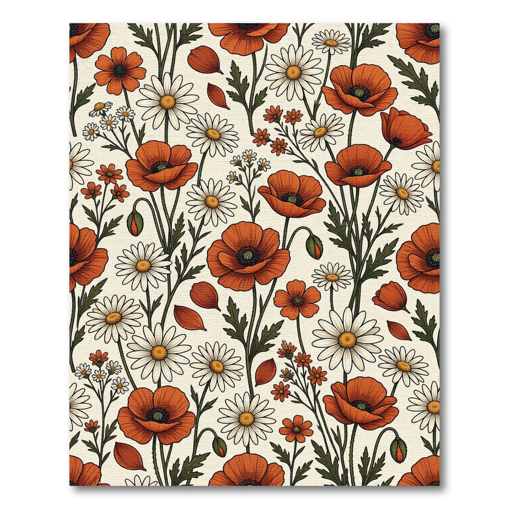Vintage Orange Poppy and Daisy Field Rug