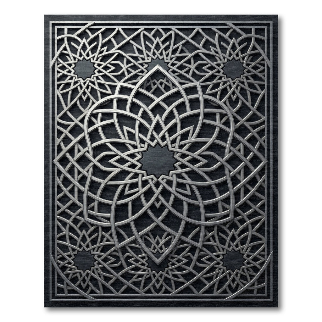 Silver Geometric Medallion Interlocking Lattice Rug