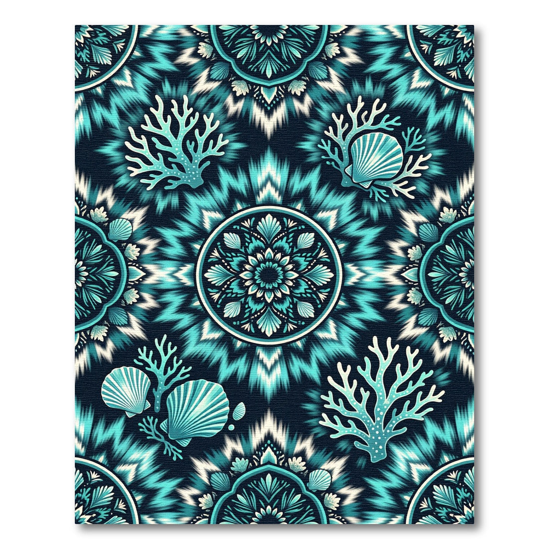 Teal Coral Shell Mandala Medallion Rug