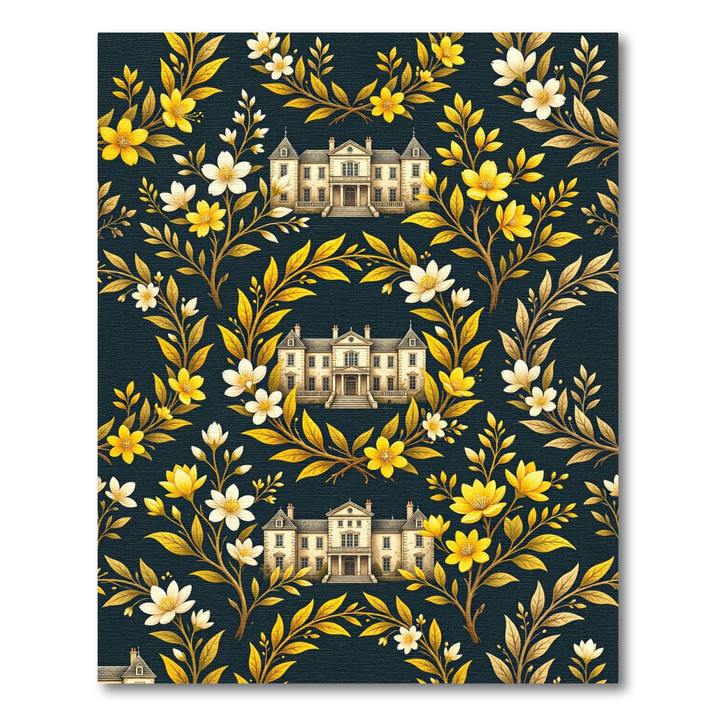 Golden Manor Blossoms on Dark Navy Rug