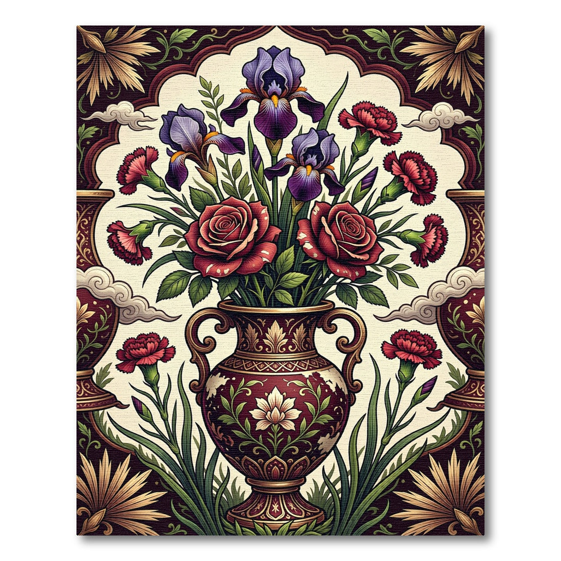 Midnight Burgundy Iris and Rose Bouquet Rug