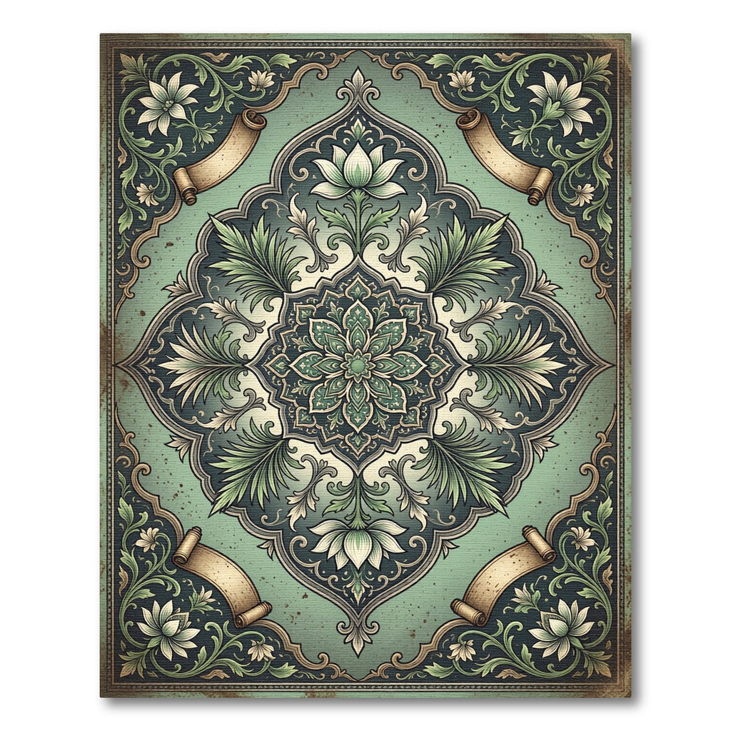 Sage Botanical Filigree Scroll Medallion Rug