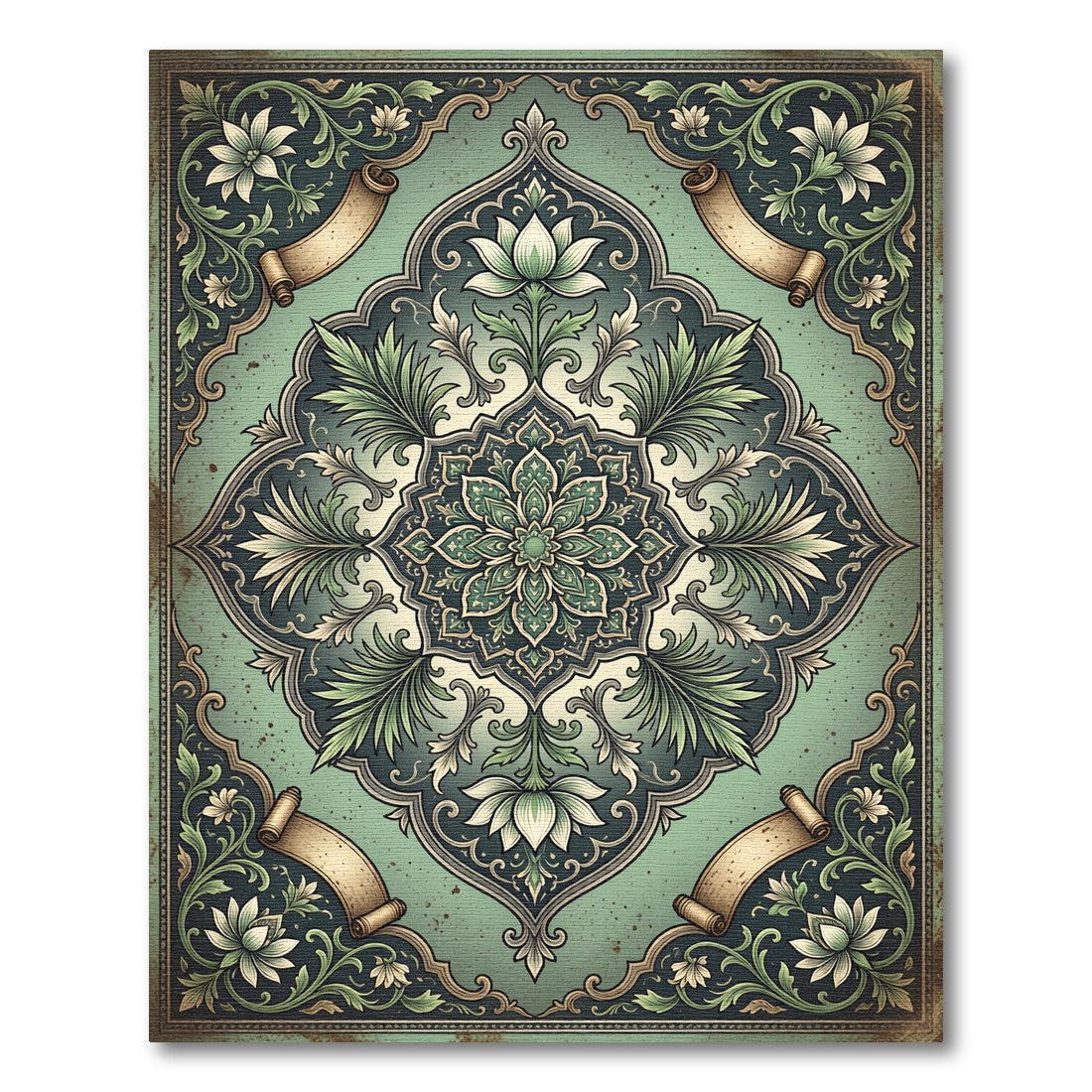 Sage Botanical Filigree Scroll Medallion Rug