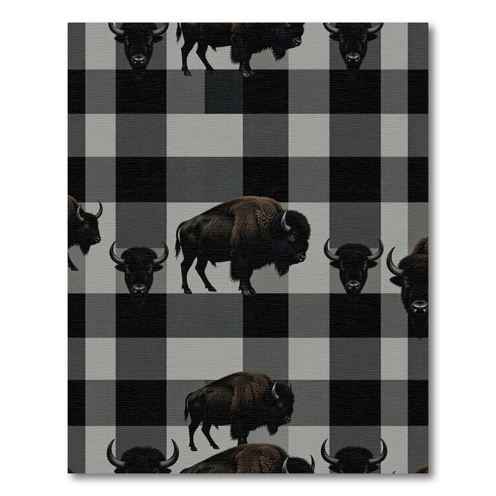 Rustic Gray Plaid Bison Graphic Rug