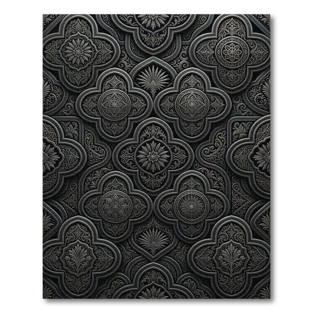 Sophisticated Charcoal Ornate Quatrefoil Scrollwork Rug