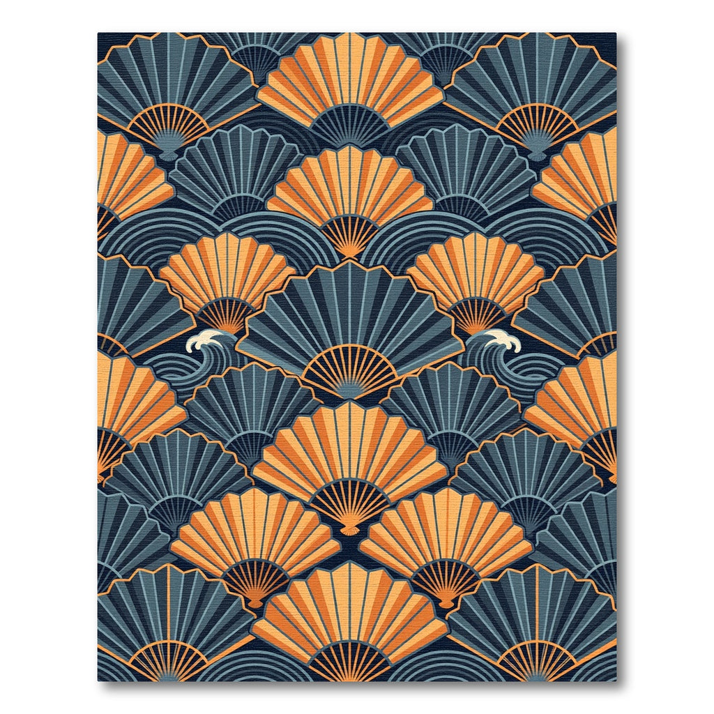 Golden Fan Waves in Navy Blue Rug