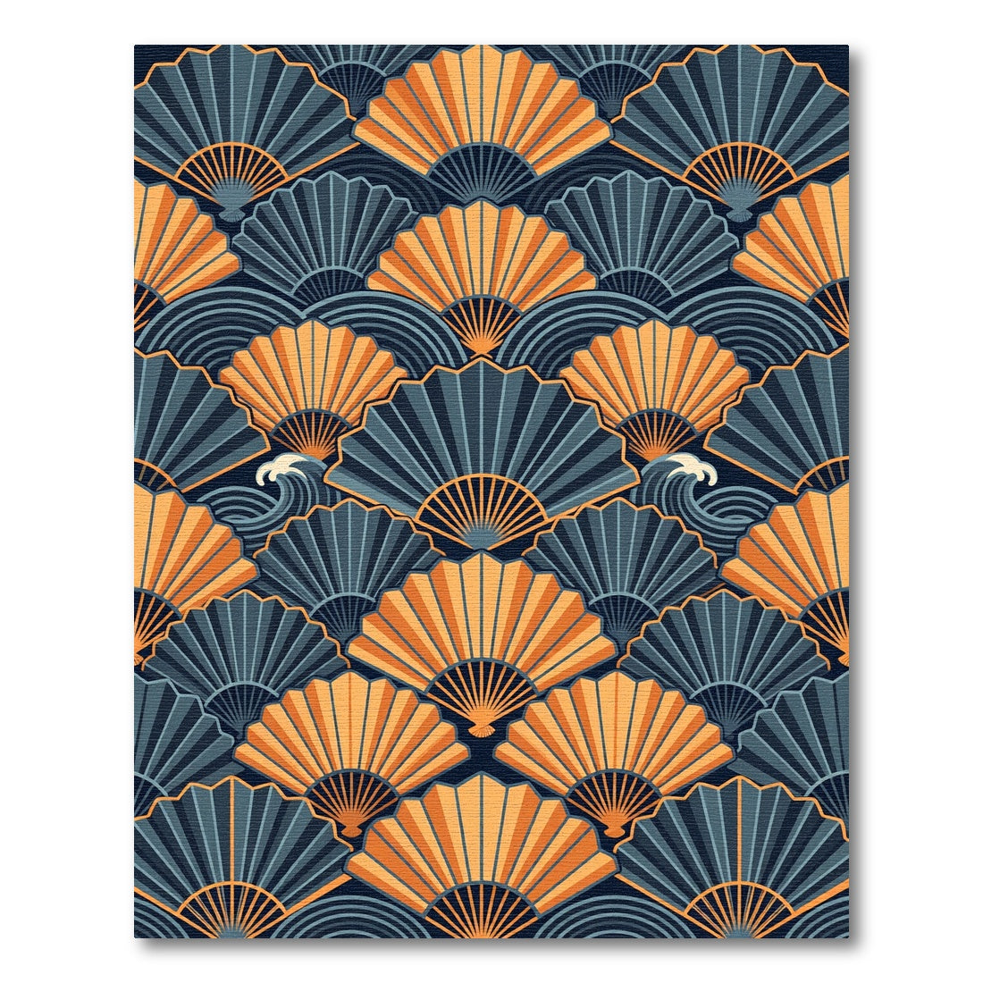 Golden Fan Waves in Navy Blue Rug