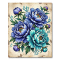 Vintage Blue Peony Botanical Illustration Rug