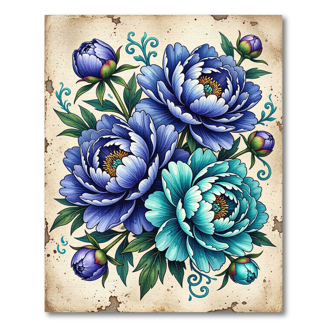 Vintage Blue Peony Botanical Illustration Rug