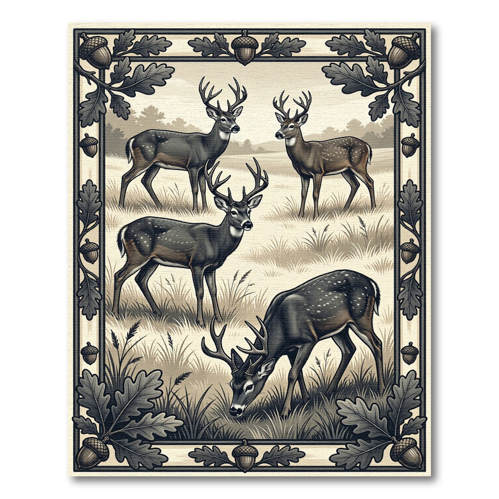 Vintage Forest Deer Oak Woodland Illustration Rug