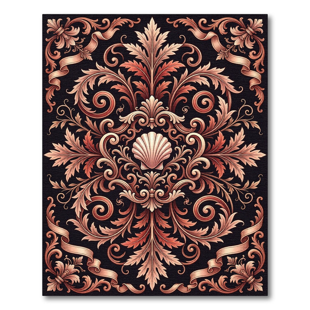 Ornate Bronze Seashell Foliate Scroll Rug